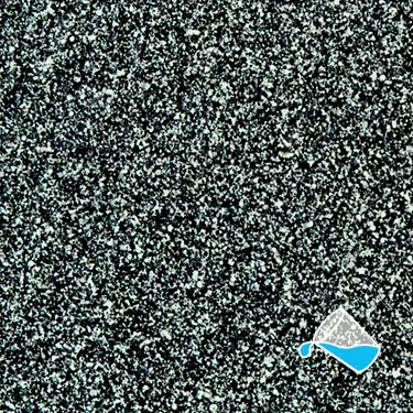 The name of this aquaBRIGHT color swatch is "Black Absinthe". It's a sample of a dark-colored pool finish. The surface is composed of a dense mix of tiny, irregularly shaped black, and green specks, giving it a speckled, granite-like appearance.