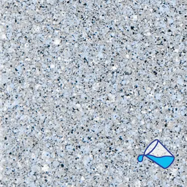 The name of this aquaBRIGHT color swatch is "Blue Granite". It's a sample of a light-colored pool finish. The surface is composed of a dense mix of tiny, irregularly shaped white, black, gray, and blue specks, giving it a speckled, granite-like appearance.