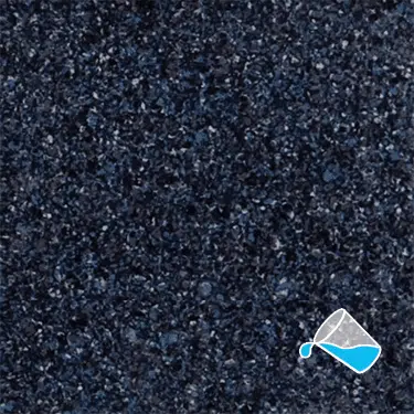 The name of this aquaBRIGHT color swatch is "Midnight Blue". It's a sample of a dark-colored pool finish. The surface is composed of a dense mix of tiny, irregularly shaped white, black, and blue specks, giving it a speckled, granite-like appearance.