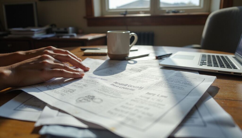 a deck with a laptop, mug, a pair of hands, and a stack of paper